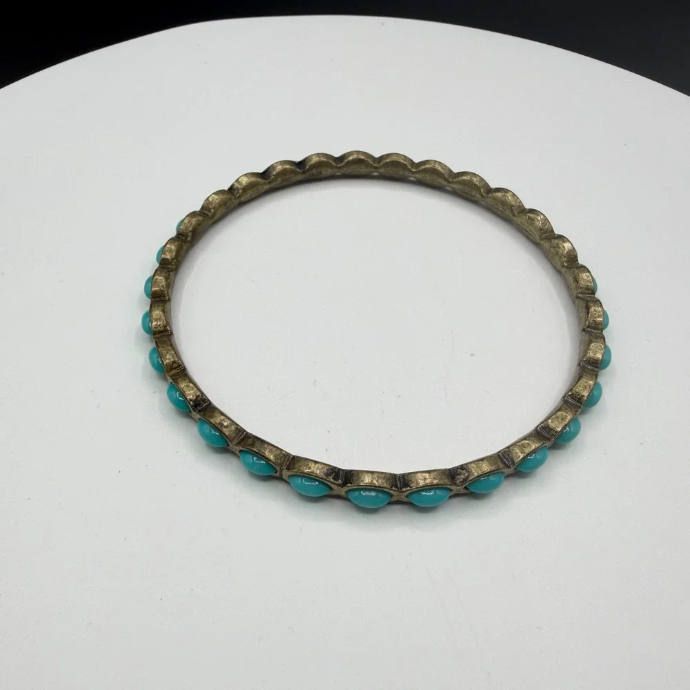 Vintage Style Turquoise & Brass Tone Cabochon Bangle Bracelet Boho Southwestern